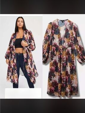 Torrid NWT SIZE 1 Sheer Floral Duster Kimono Jacket in Burgundy, Mustard & Slate